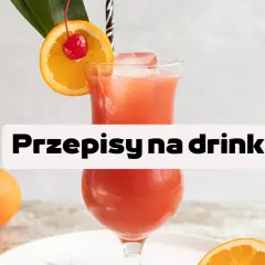 Kolorowy drink z pomarańczą i wiśnią, otoczony owocami cytrusowymi.