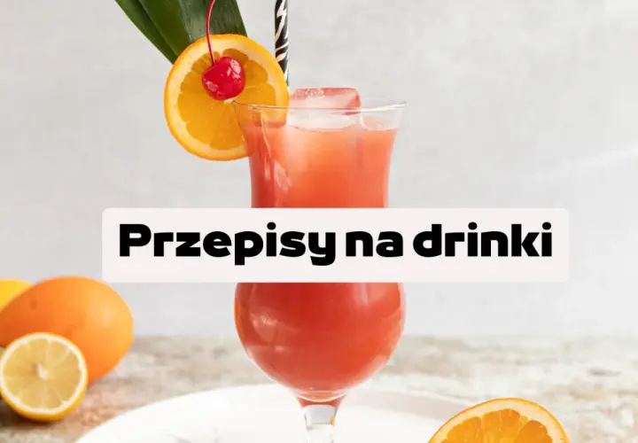 Kolorowy drink z pomarańczą i wiśnią, otoczony owocami cytrusowymi.