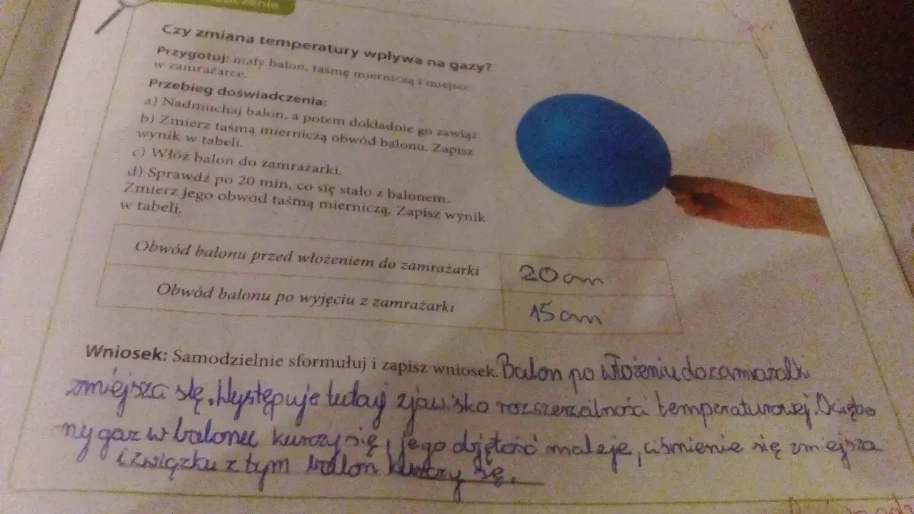 Niebieski balon i fragment ręki trzymającej taśmę mierniczą na tle tekstu o doświadczeniu.